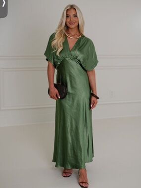These Three Satin Olive Green V-Neck Maxi Dress